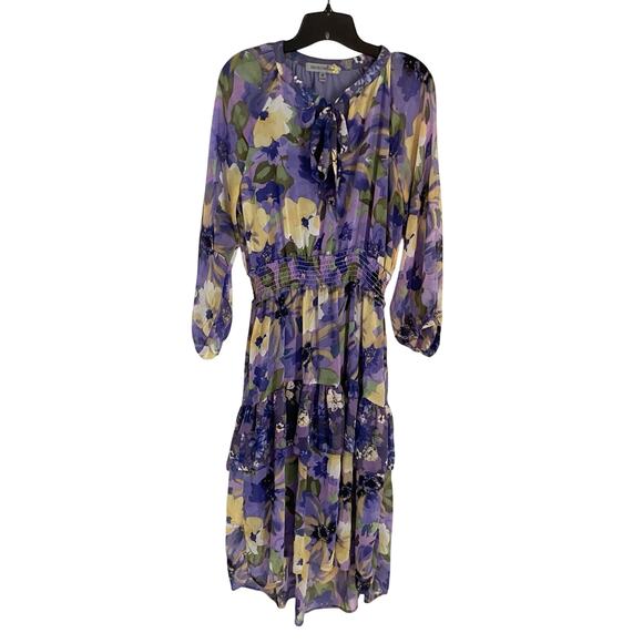 Figueroa & Flower Dresses & Skirts - Figueroa & Flower Floral Boho Dress M Purple Yellow Smocked Waist Tiered Midi
